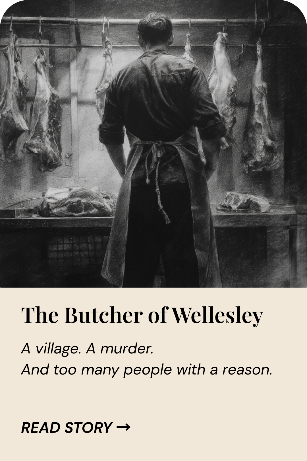 Story card for The Butcher of Wellesley, a noir mystery set in a small village where everyone has a reason to lie.