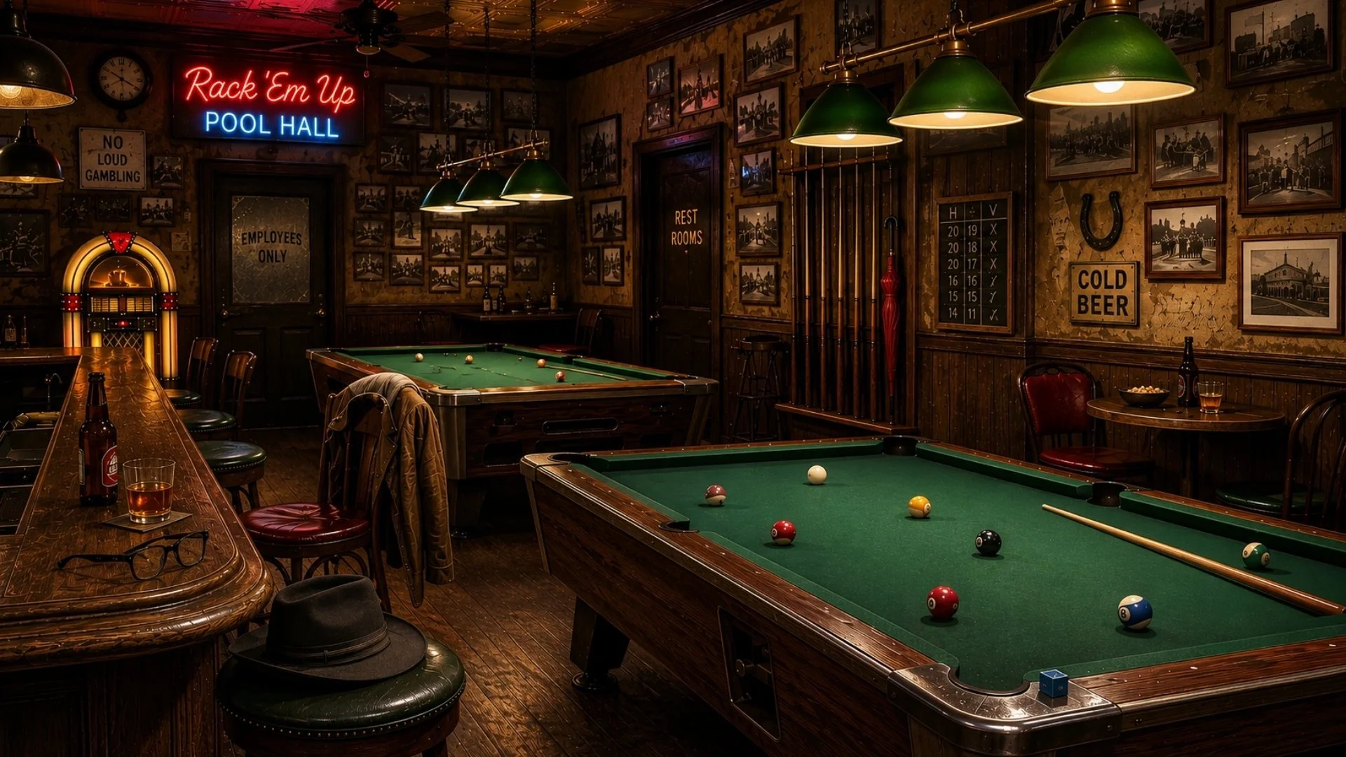 Vintage pool hall with two billiard tables, a wooden bar, cue rack, jukebox, framed photographs, and assorted furnishings.