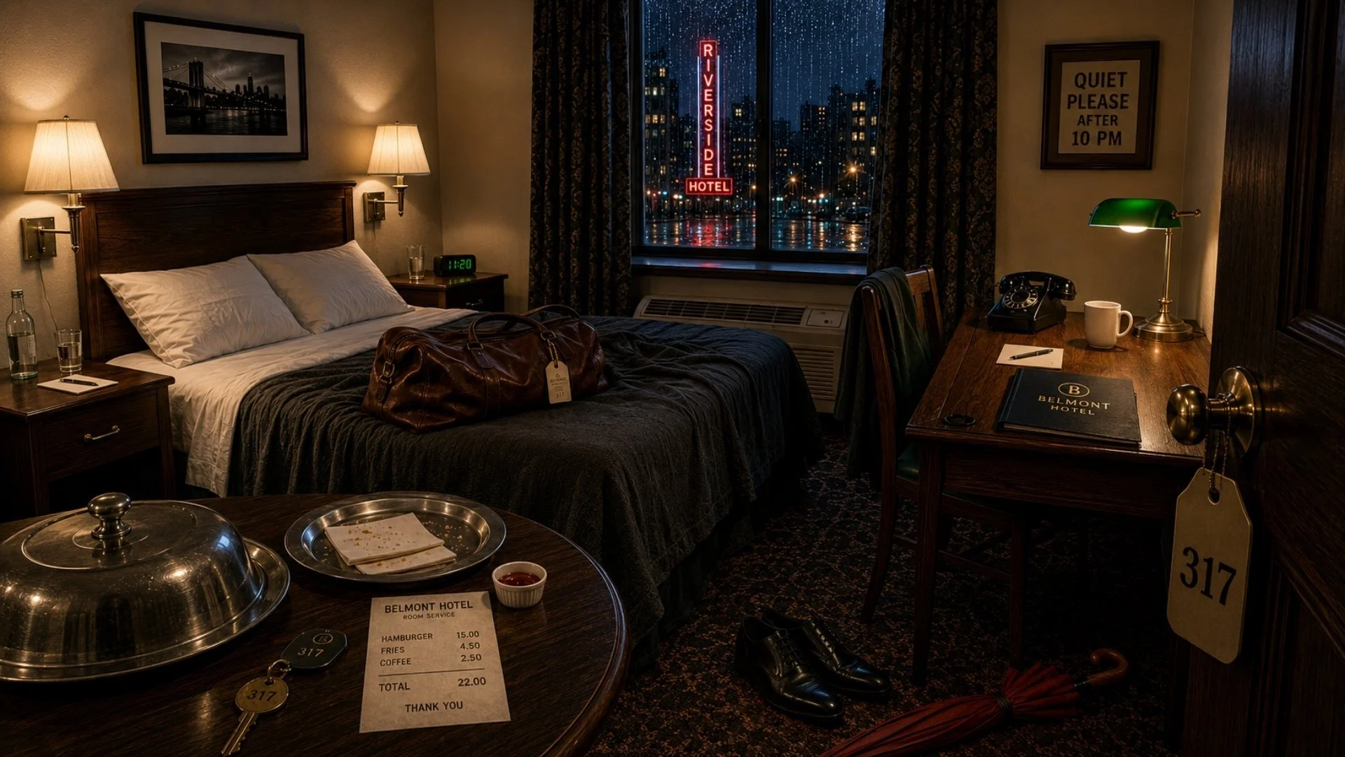 Dimly lit hotel room with an unmade bed, food tray, bedside table, window, and scattered personal belongings.