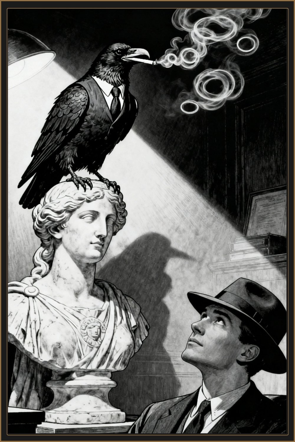 A black-and-white noir scene featuring a detective in a dimly lit office with a raven companion, cigarette smoke drifting through the room. The cover artwork for Another Night in Tinseltown by Don Blinebry.