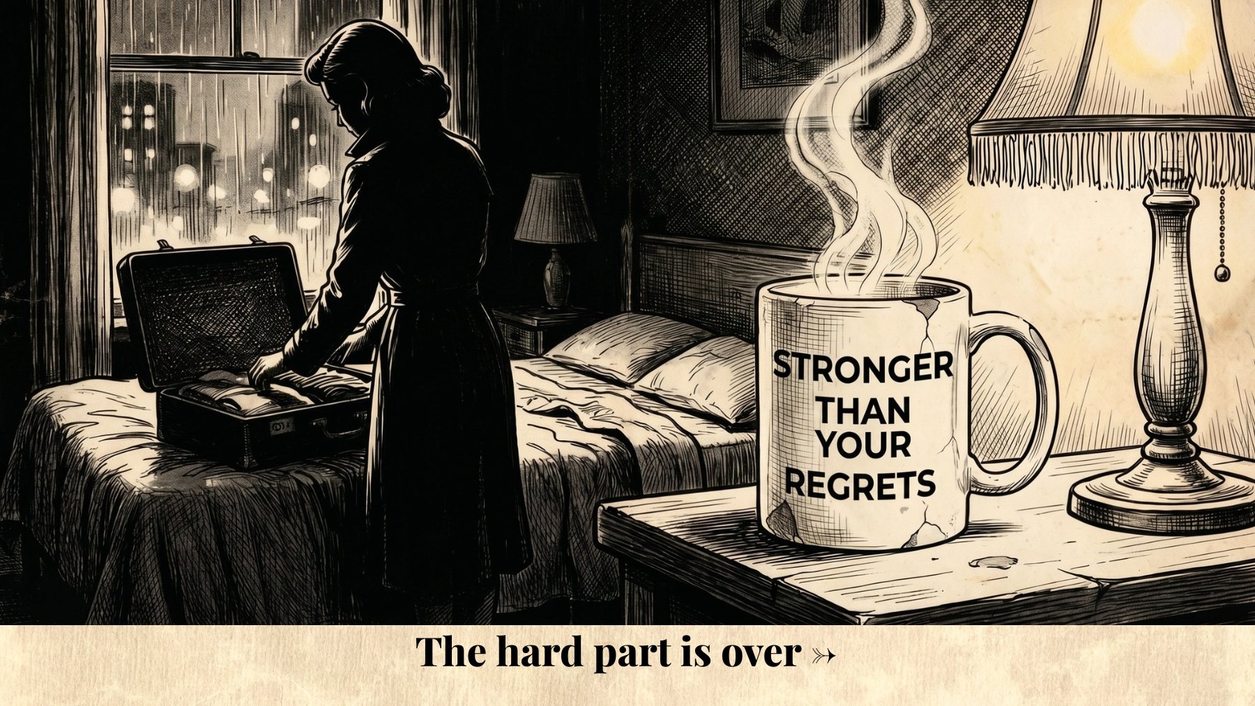 Noir illustration of a woman packing a suitcase beside a steaming “Stronger Than Your Regrets” mug with the line “The hard part is over.”