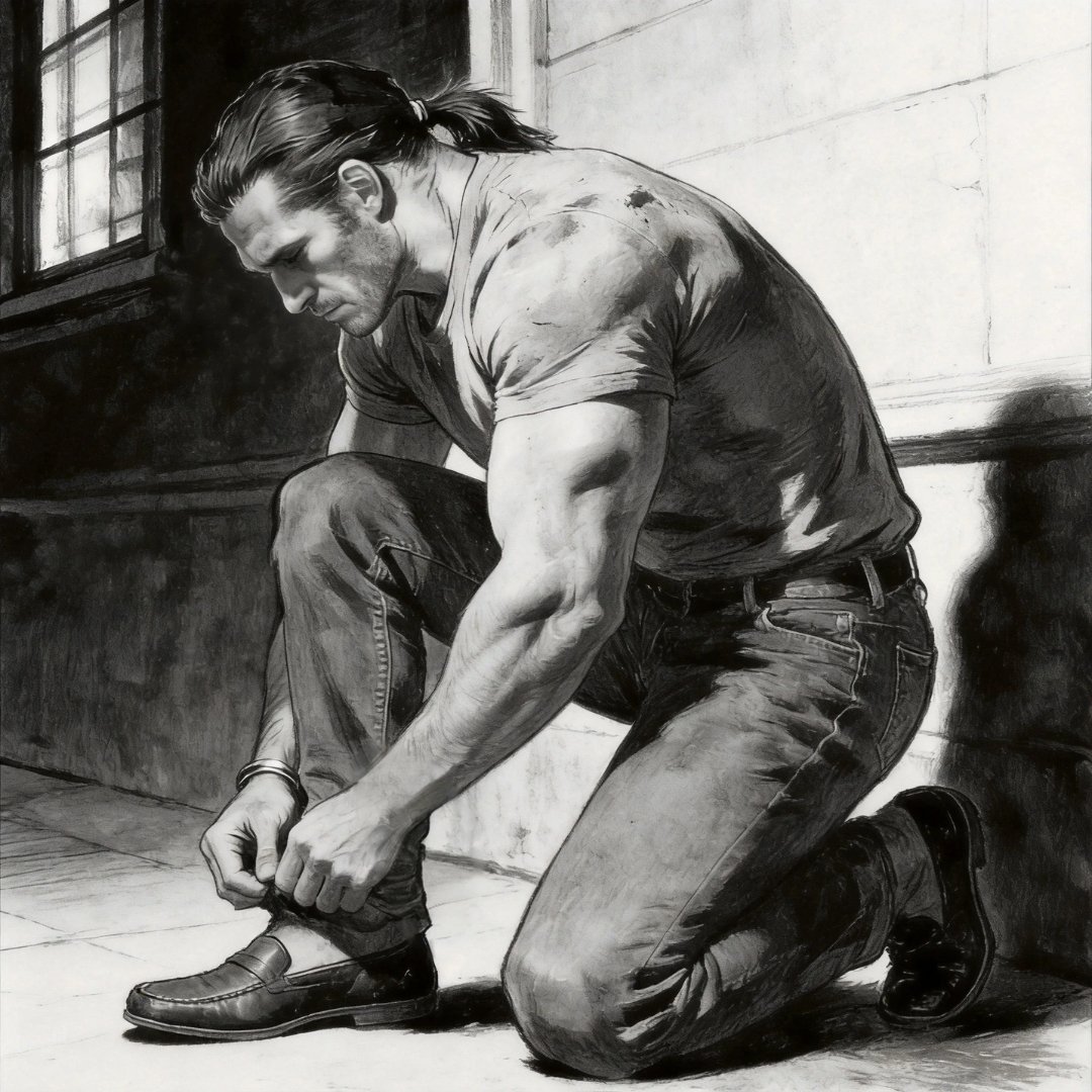 Man kneeling on one knee pretending to tie his shoe while wearing loafers in a noir scene