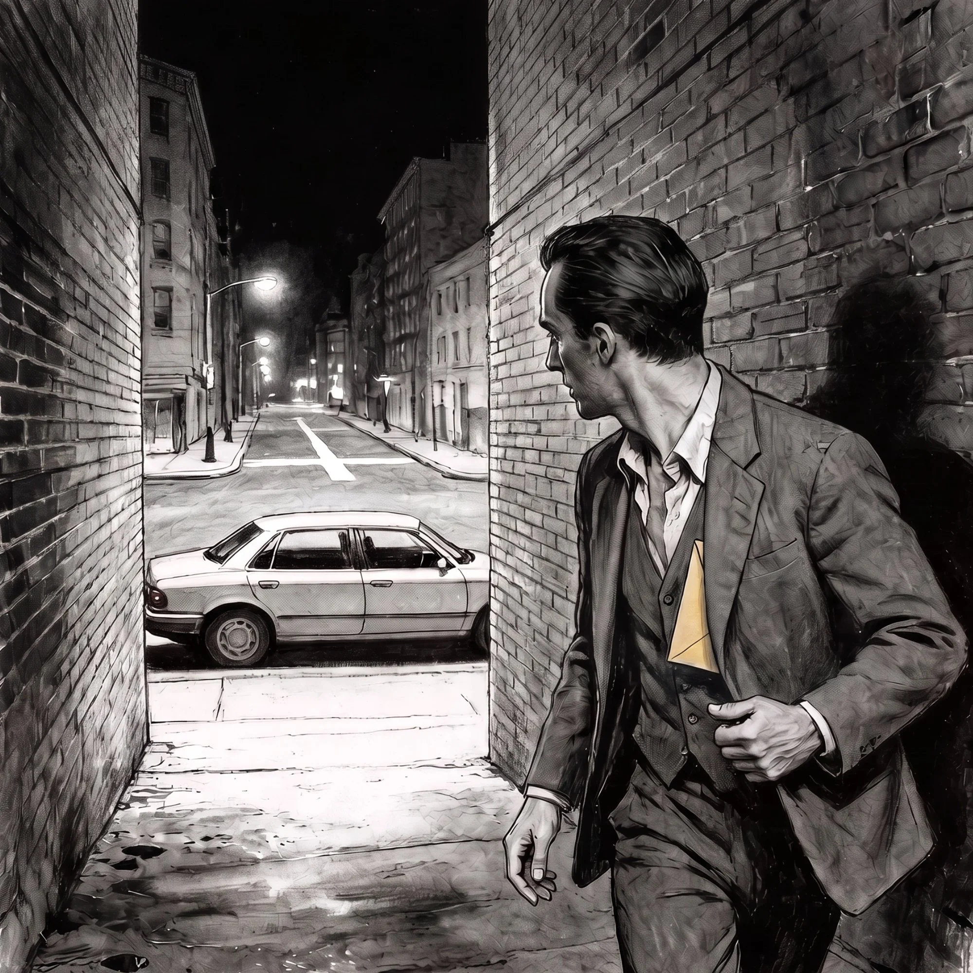 Louie slips into a dark alley carrying a manila envelope as Max Moxie waits in the shadows.