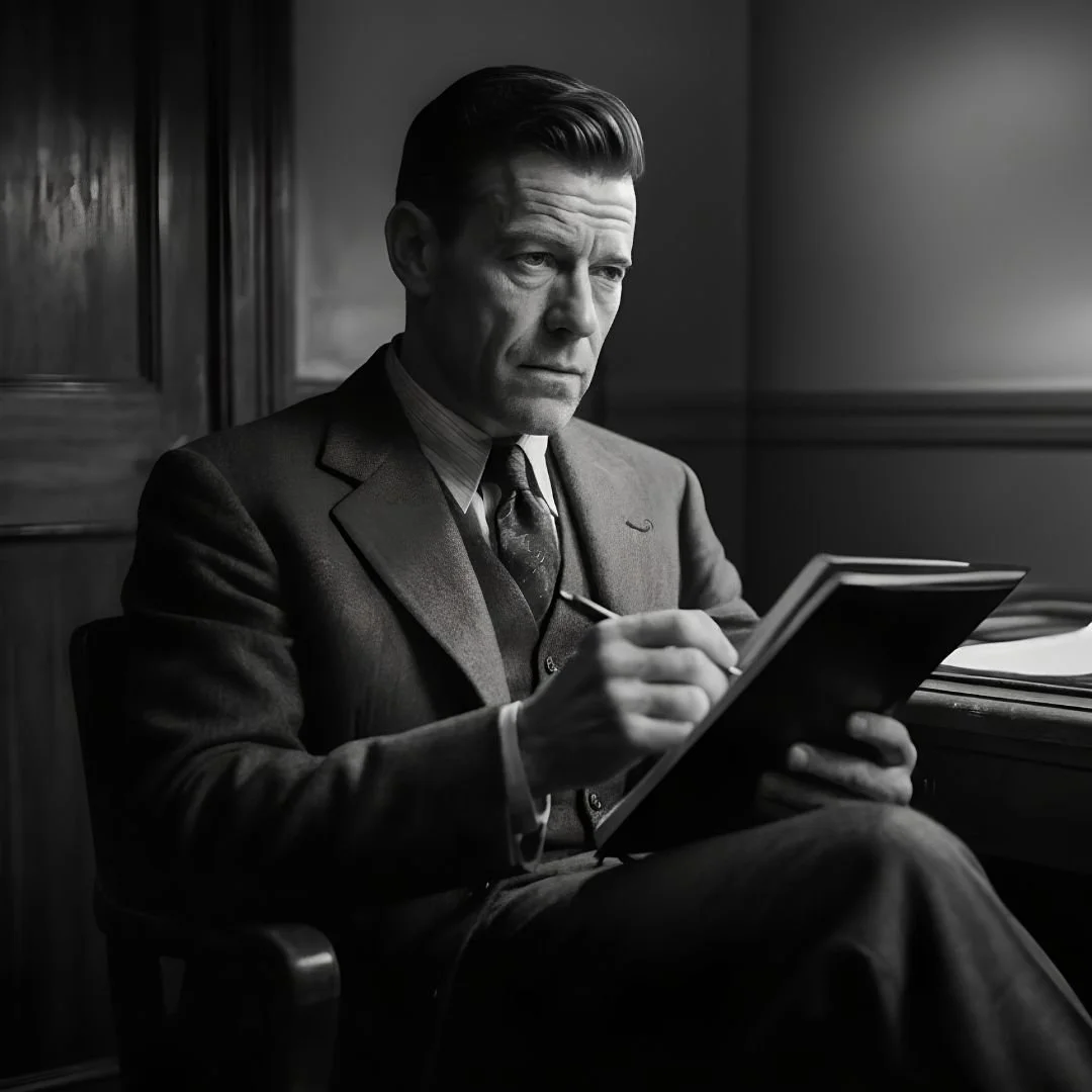 Jack seated at a desk looking over his notes