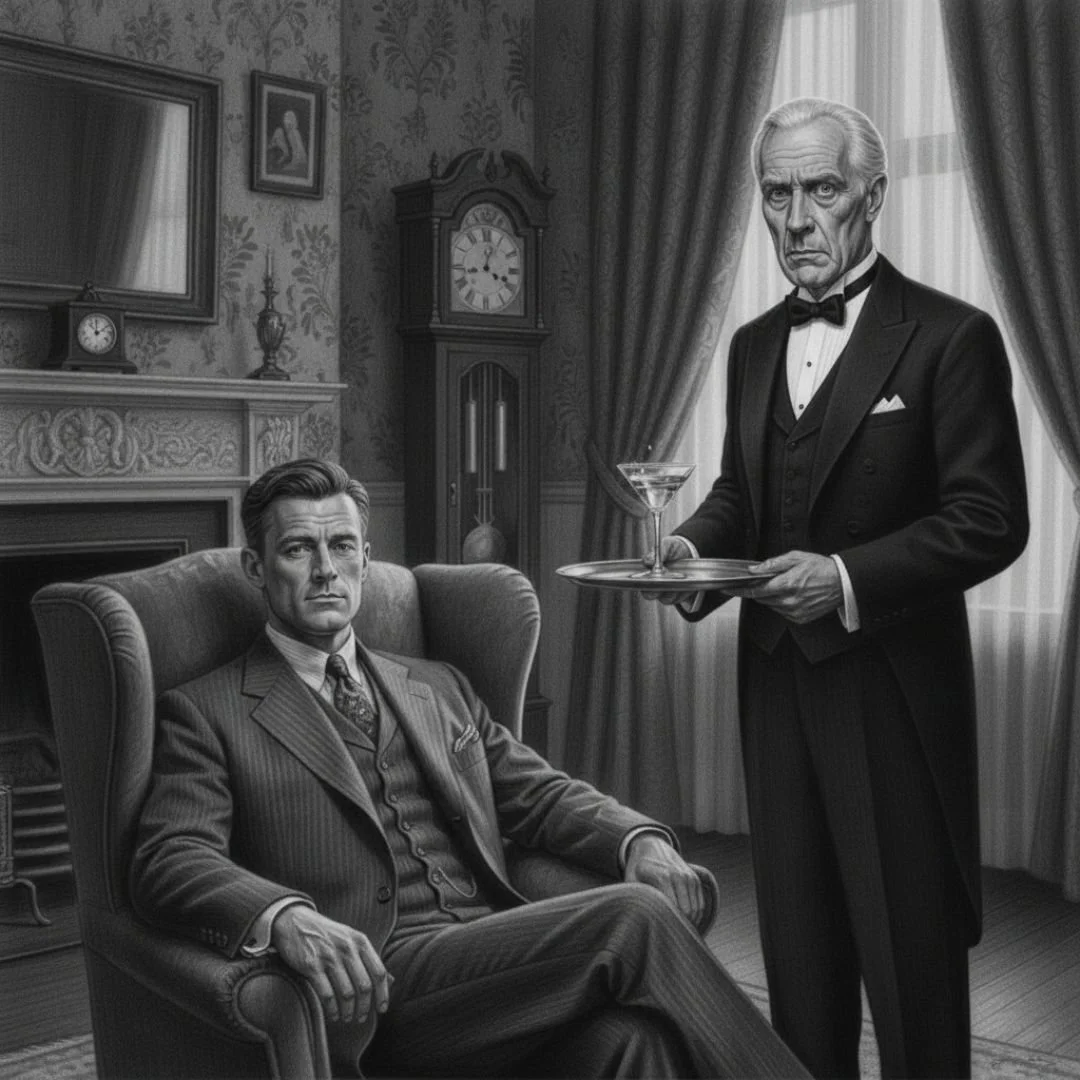 Jack Hickox finally relaxing with a dry martini served by Jefferies