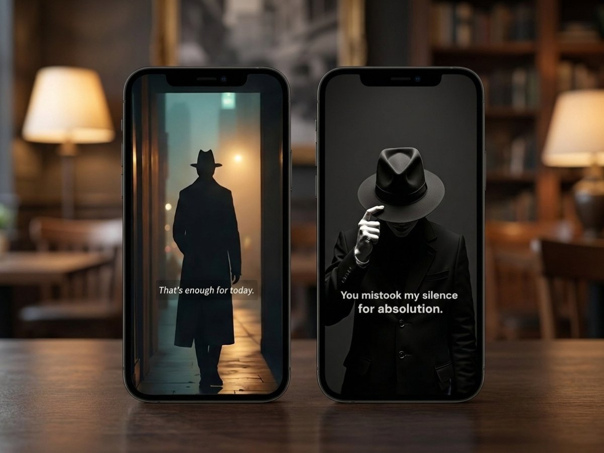 Two phones displaying Noir & Nonsense digital designs in a café setting.