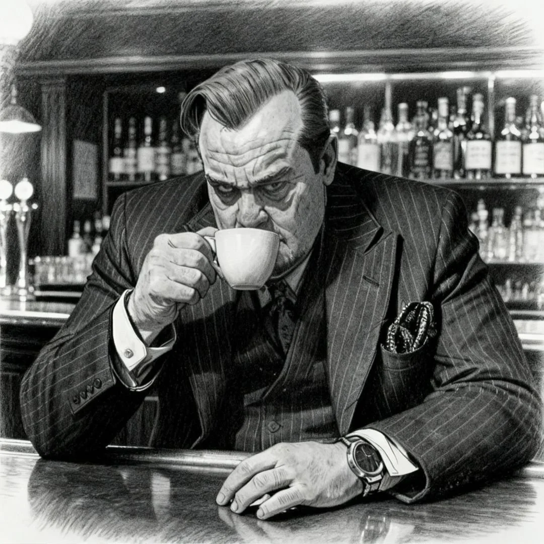 Noir scene depicting Sweeney the client waiting for the substitute in black and white