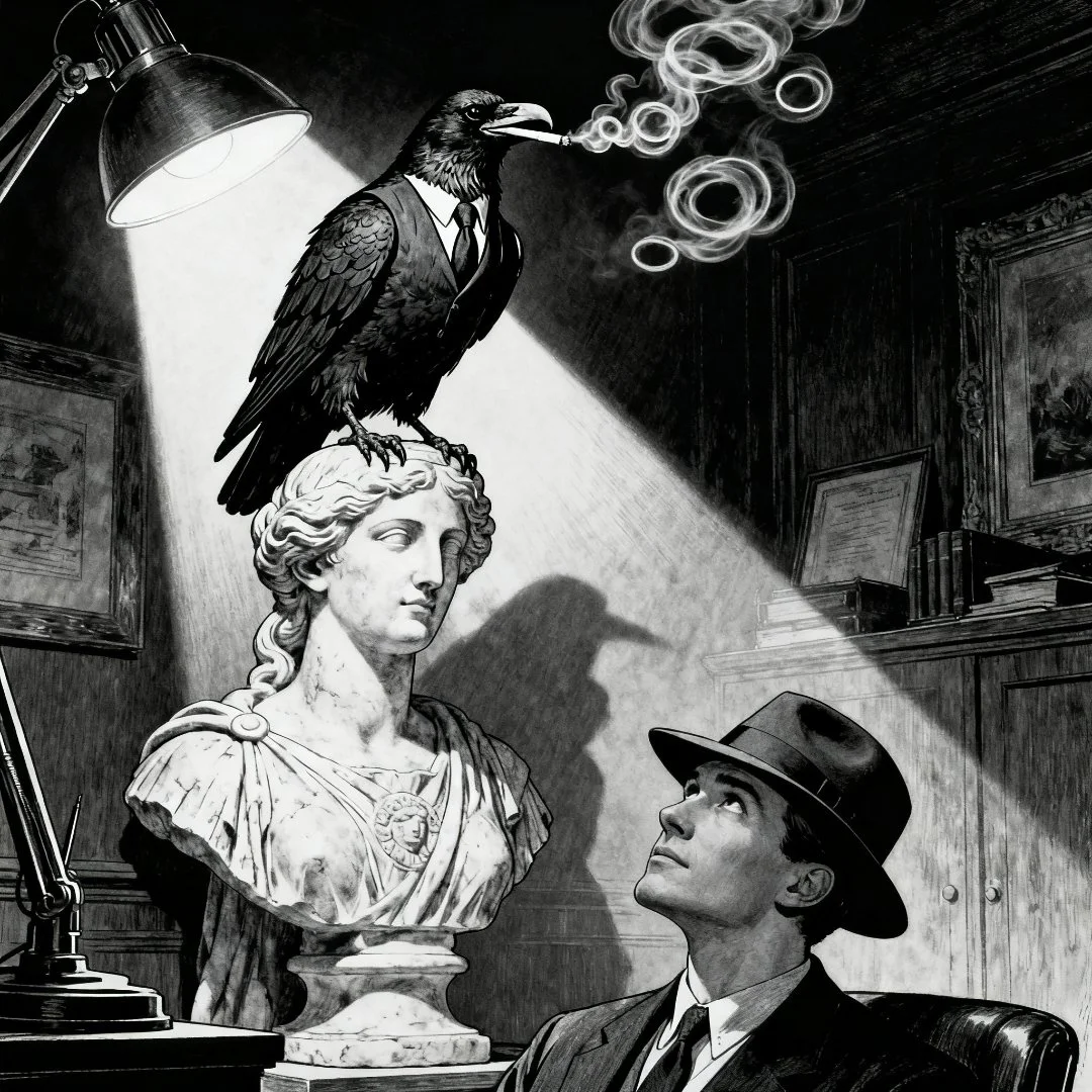 Black-and-white noir illustration inspired by Edgar Allan Poe's Raven, showing a cigarette-smoking raven perched on a bust of Pallas while a detective looks on.