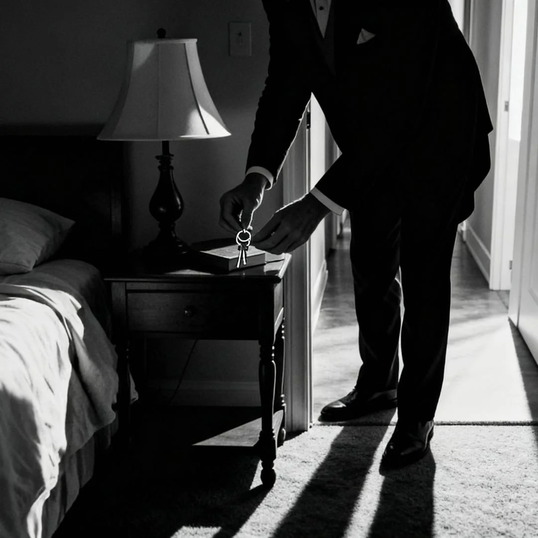 noir scene of Jefferies the butler placing keys to the liquor cabinet on side table