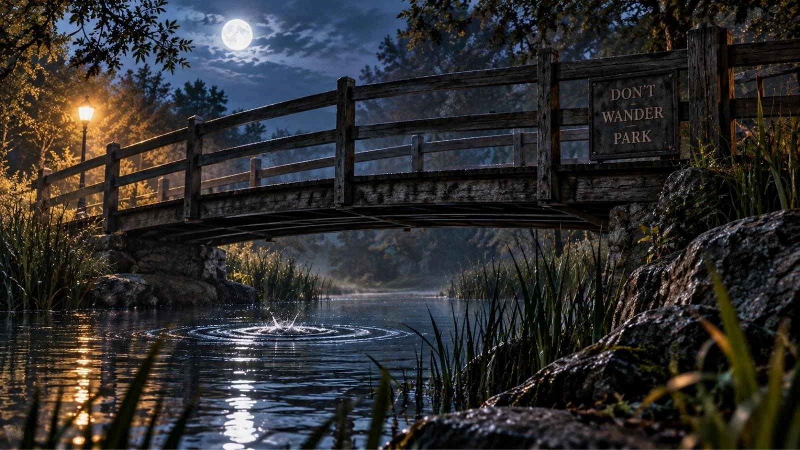 Moonlit wooden footbridge over a dark park pond, with ripples in the water and a Don’t Wander Park sign.