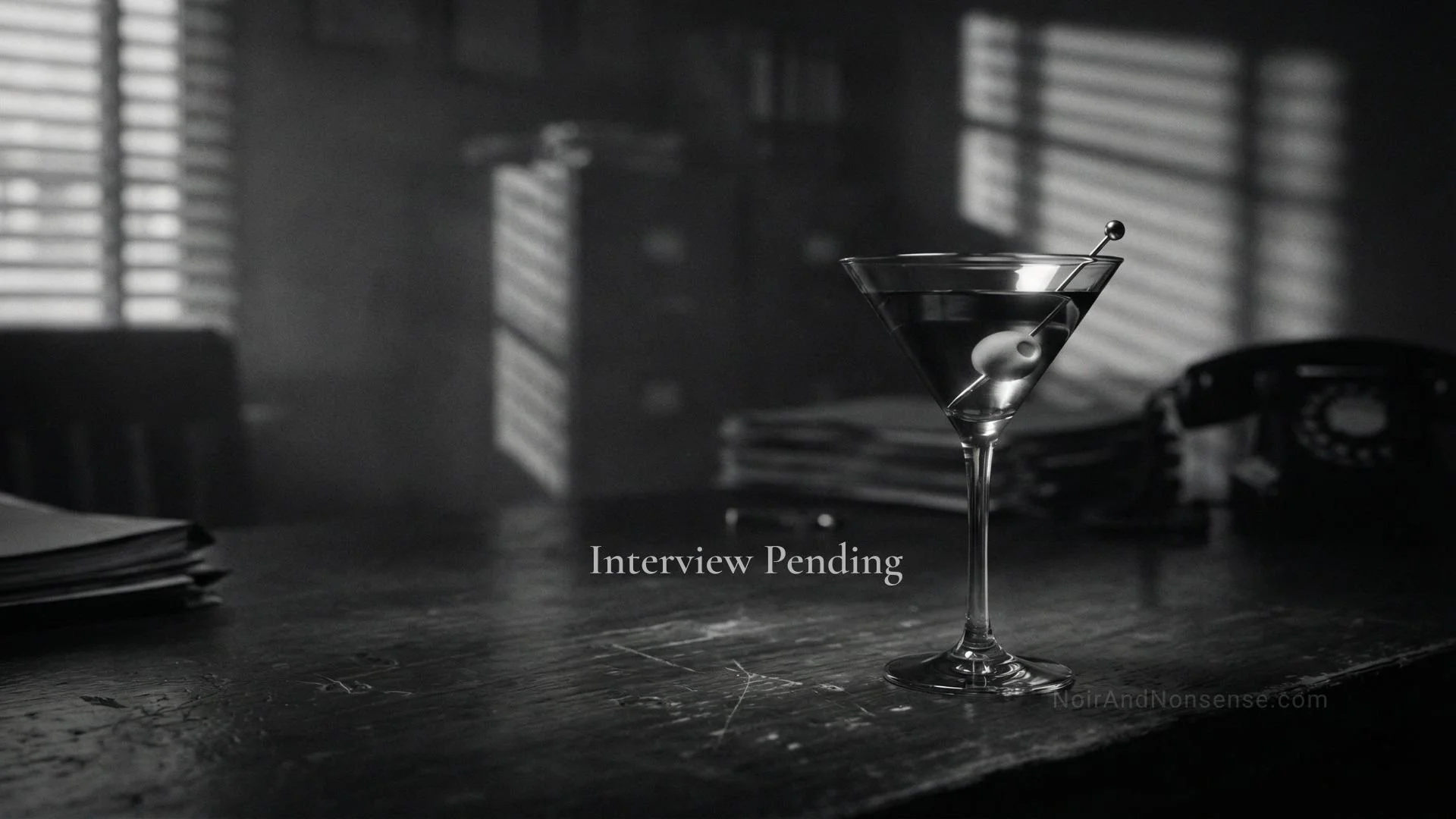 Interrogation scene of a dirty martini which says Interview Pending