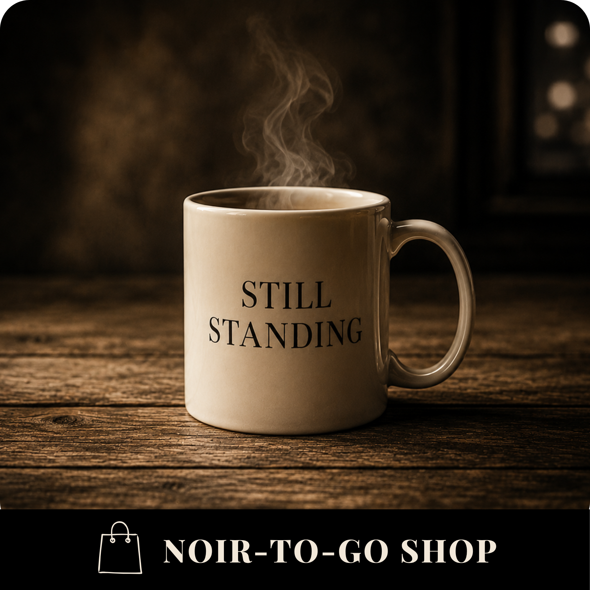 White Still Standing coffee mug representing the Noir-to-Go shop featuring noir-inspired merchandise.