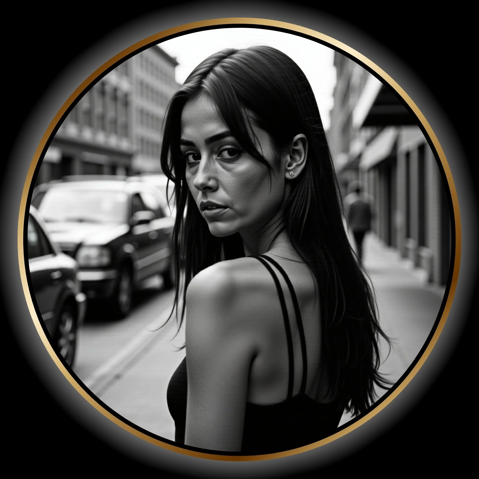 Black-and-white portrait of Margot looking over her shoulder on a city street in Bostwick Blues.