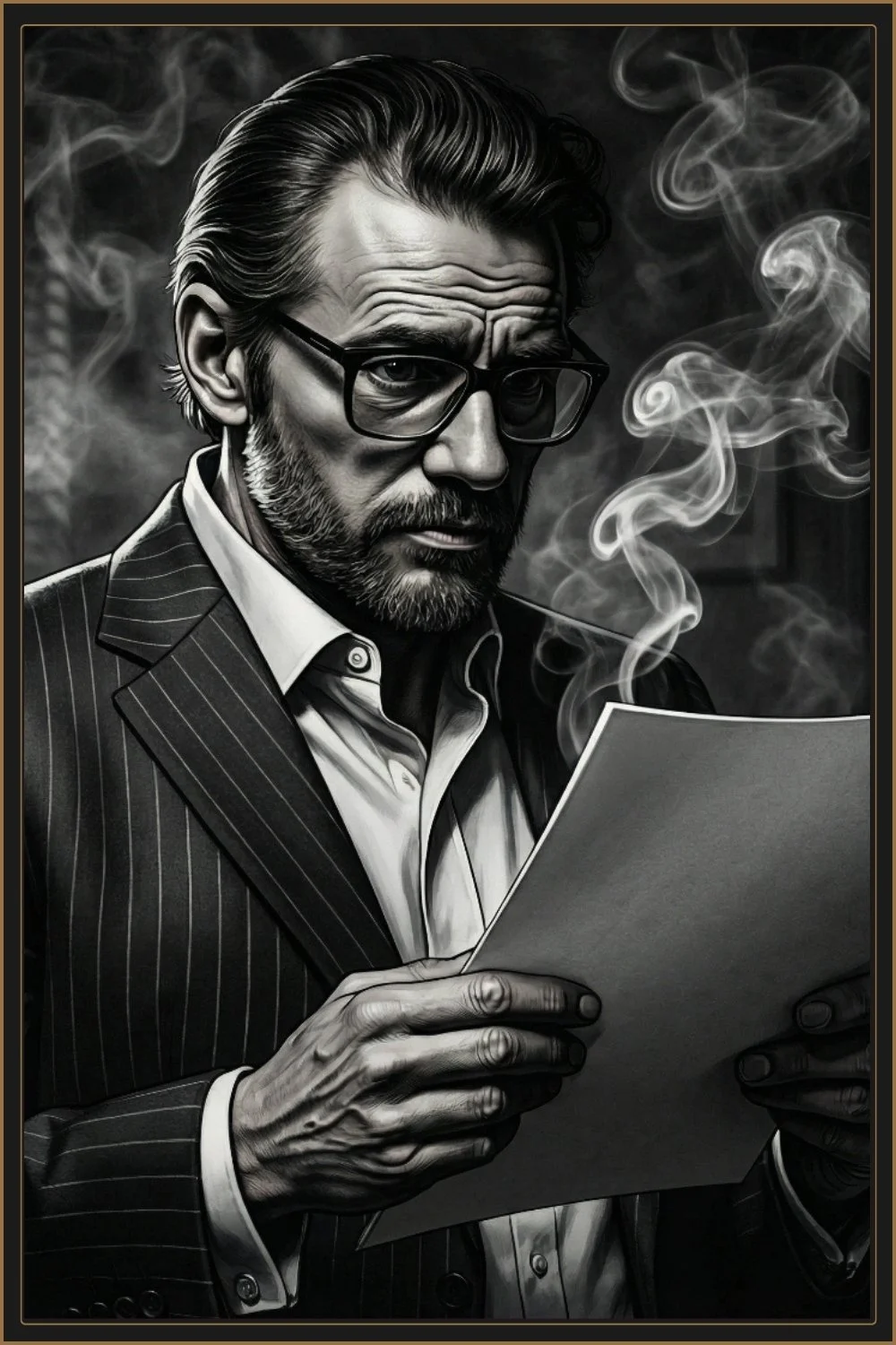 Man in a suit reading a document with smoke curling around him, noir-style illustration suggesting tension and secrecy.