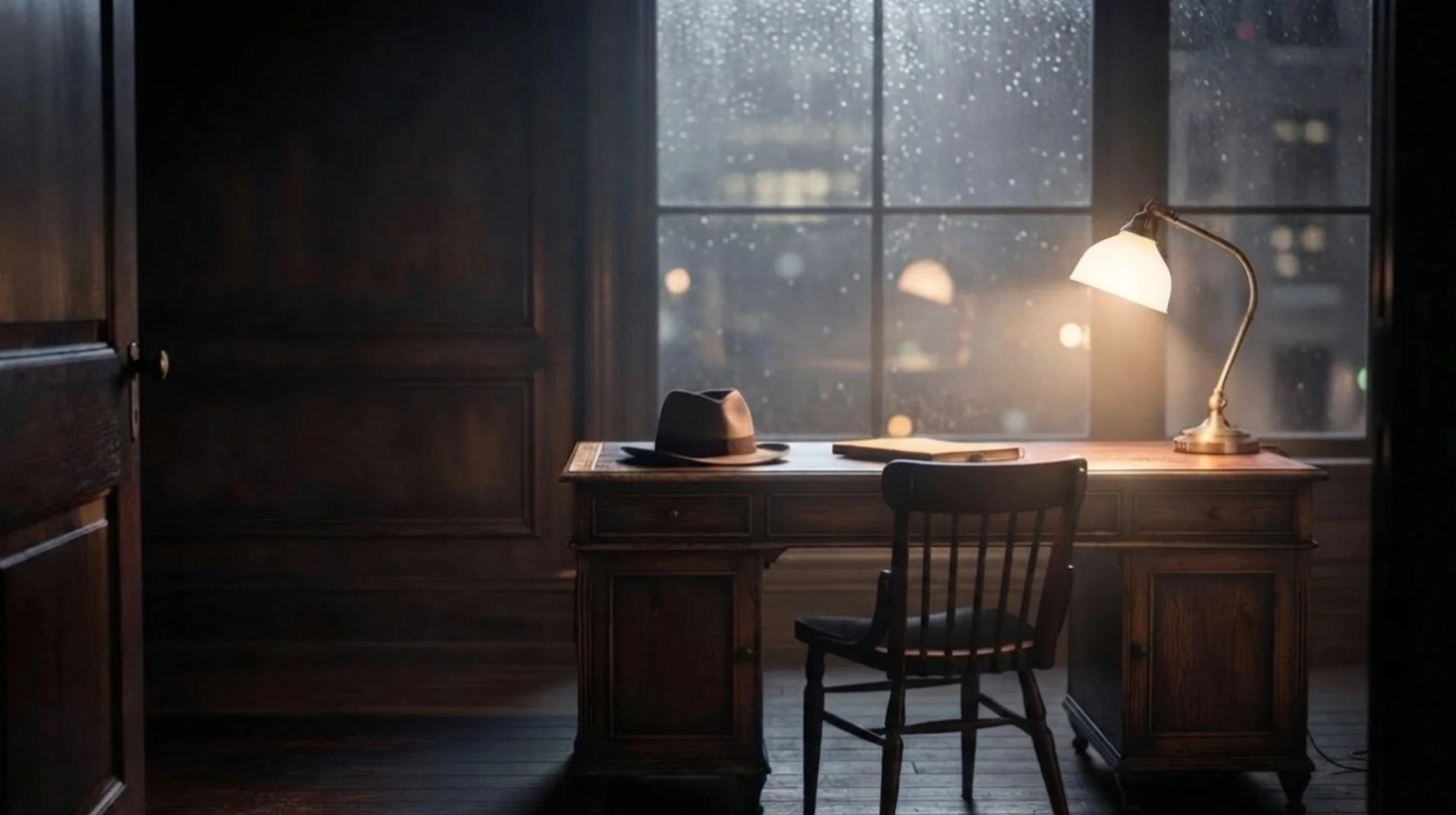 Vintage detective office with a fedora resting on an empty desk beside a glowing lamp and rain-covered window.