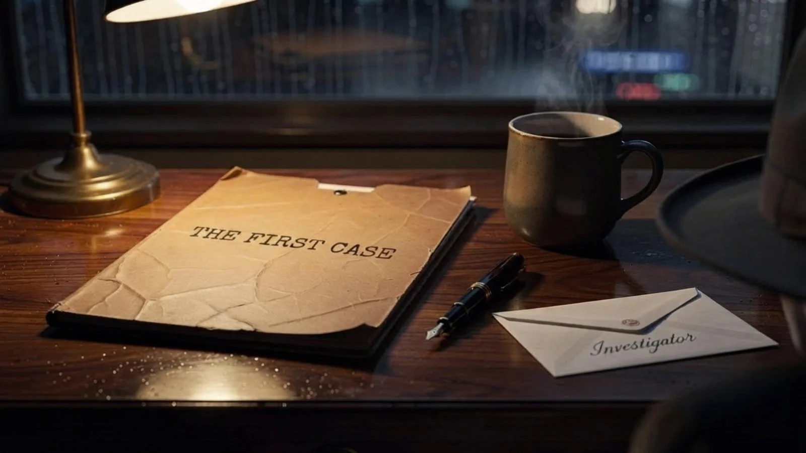 Vintage detective case folder labeled "The First Case" resting on a wooden desk beside a fountain pen, steaming coffee mug, fedora, and sealed envelope in a rain-soaked detective office.