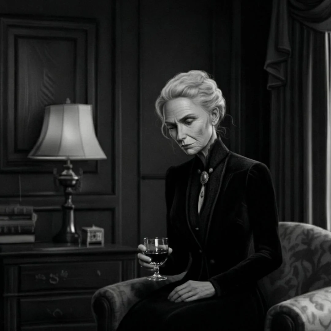 Agatha Chambers, sitting and numb from the day, drinking a brandy after the murder case is finally solved