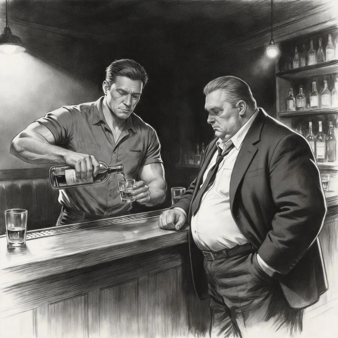 Bartender pouring a drink for another man at a bar in a dim noir setting