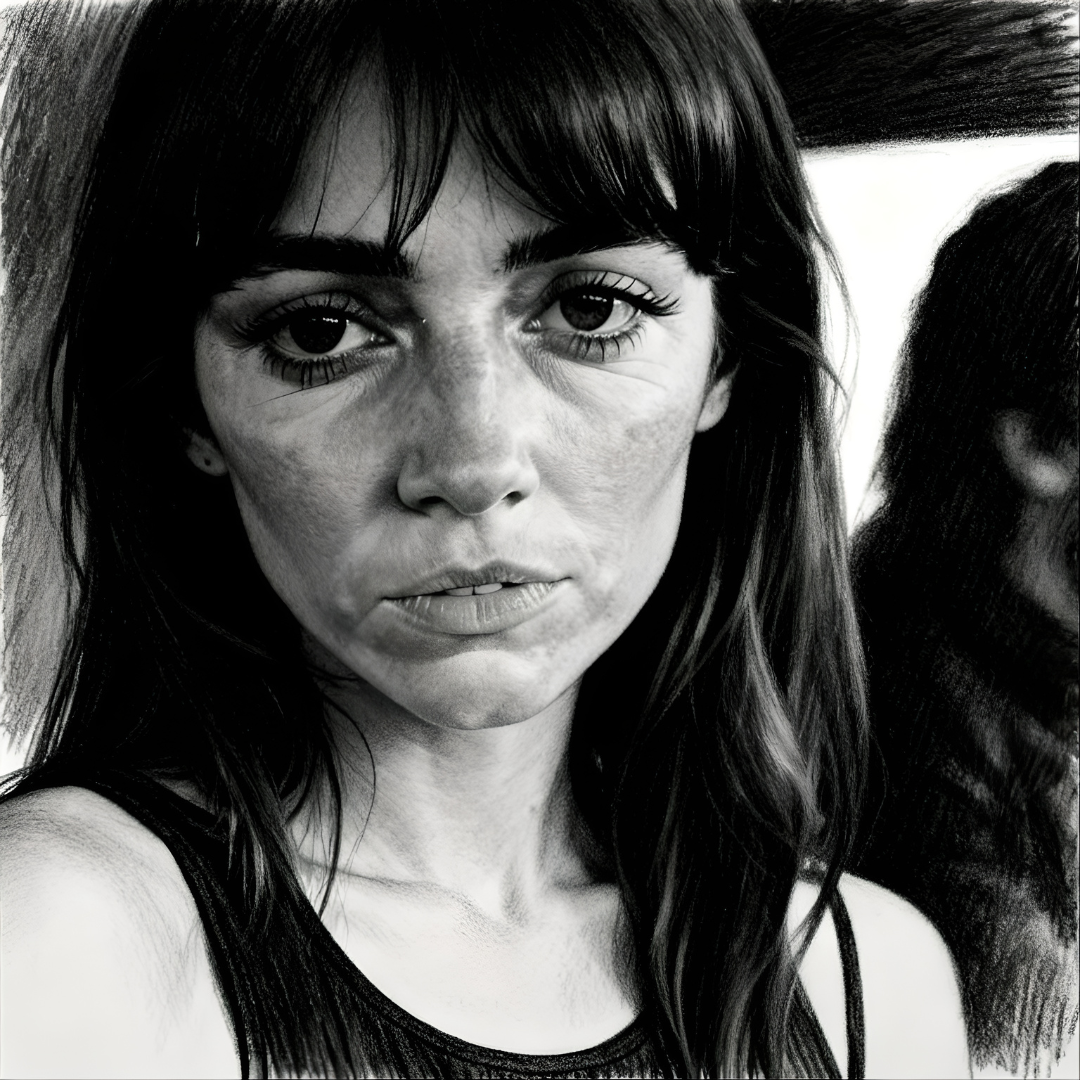 Noir scene of Margot wondering if she looks pretty in charcoal style