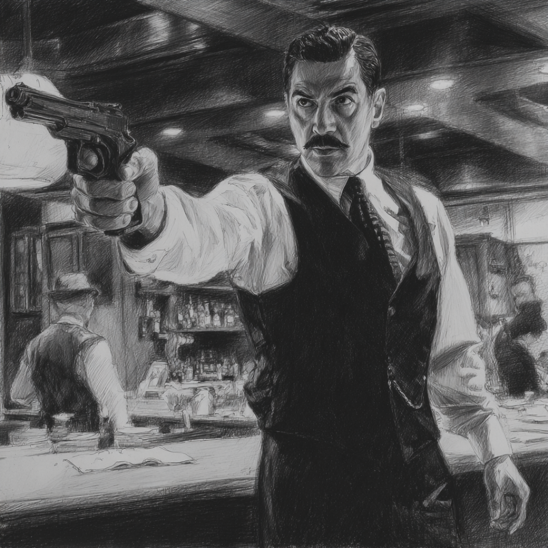 Illustrated noir scene of Raul Echeverra confronting Max in the diner