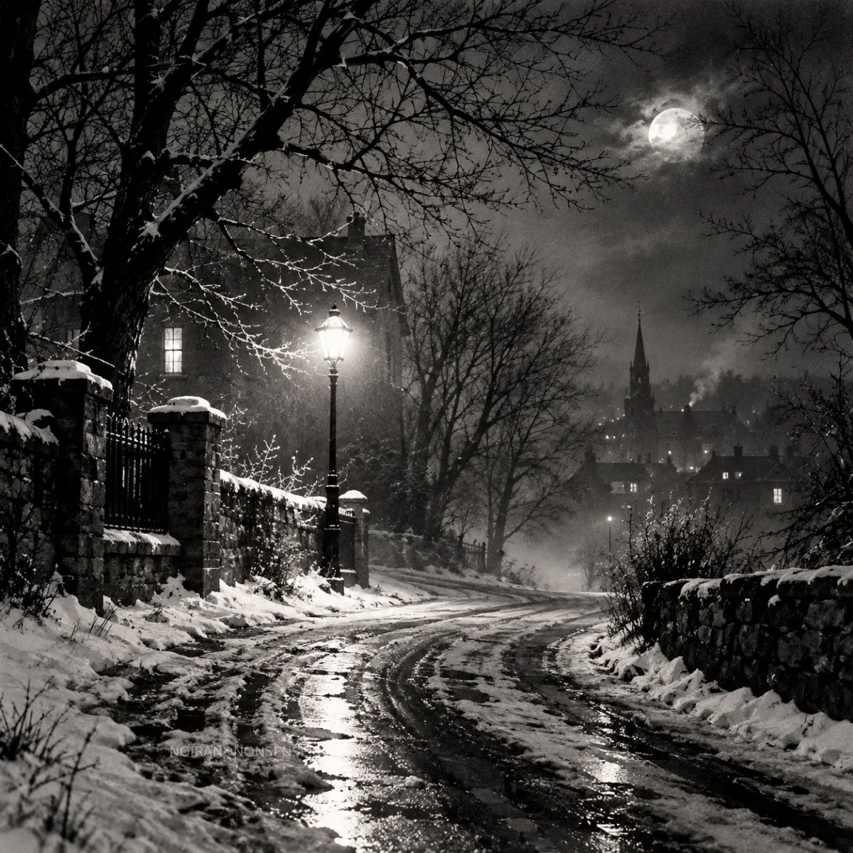 Snow-covered country road winding past stone walls and bare trees toward a village under a moonlit winter sky.