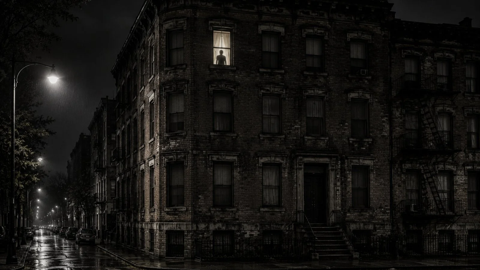 Abandoned building at night with a single illuminated upstairs window and a shadowy figure behind the curtain.