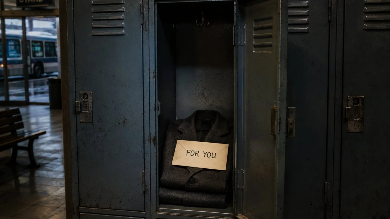 An open locker in a city transit station holds a folded coat and an envelope marked “FOR YOU.”