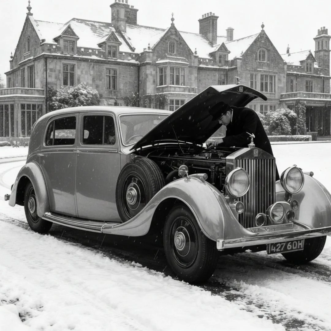 noir scene of Hadley the chauffeur under the hood of a 1930s Rolls Royce Phantom