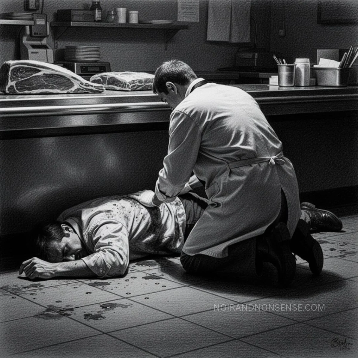 Black-and-white scene of a medical examiner kneeling beside a body on the floor behind a diner counter.