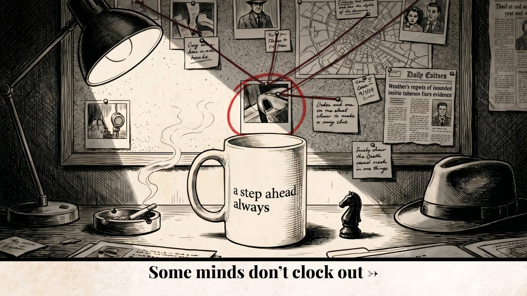 Noir detective illustration with a steaming “A Step Ahead Always” mug beneath a crime investigation board and the line “Some minds don’t clock out.”