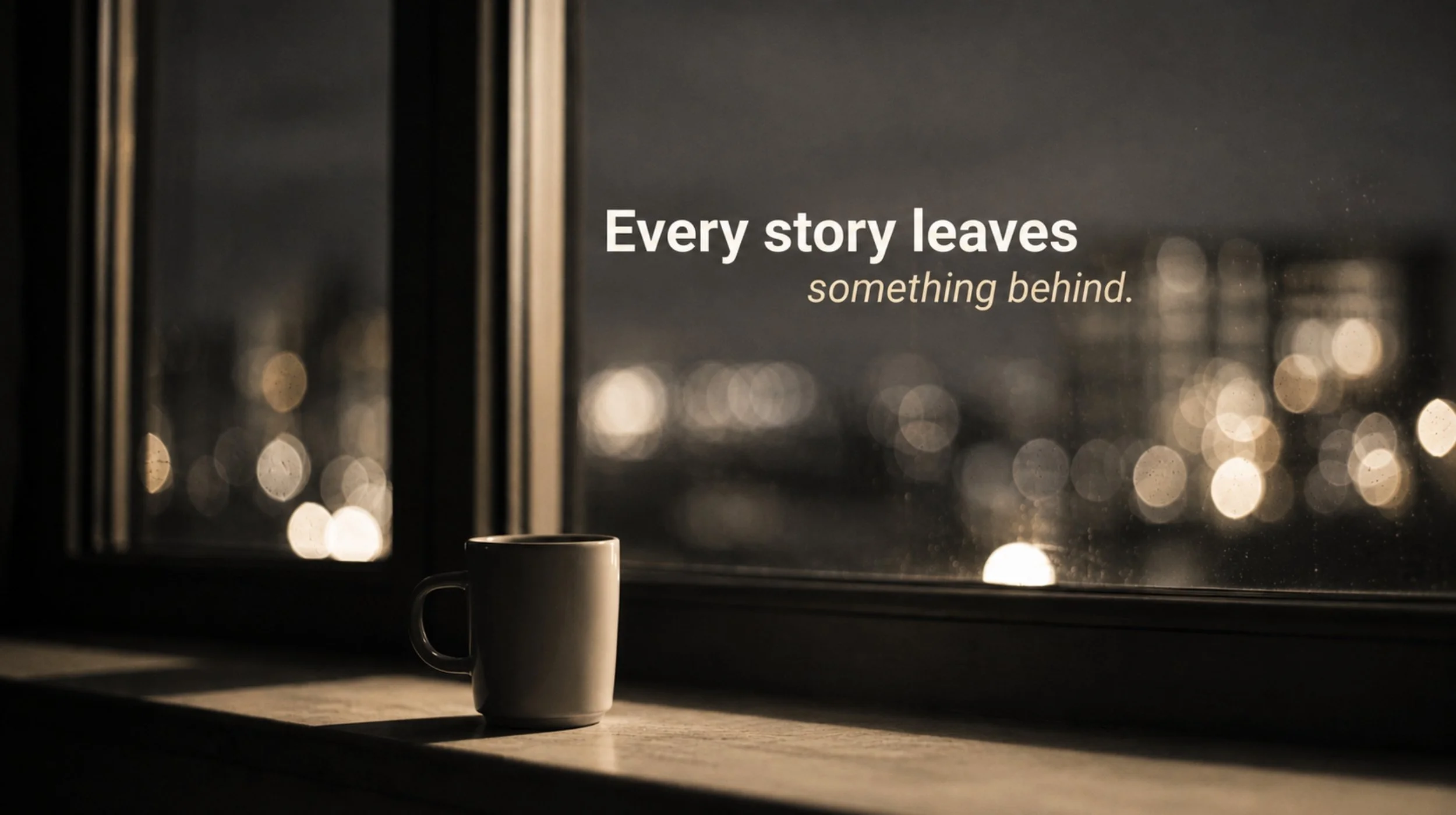 A mug on a windowsill overlooking blurred city lights with the words, “Every story leaves something behind.”