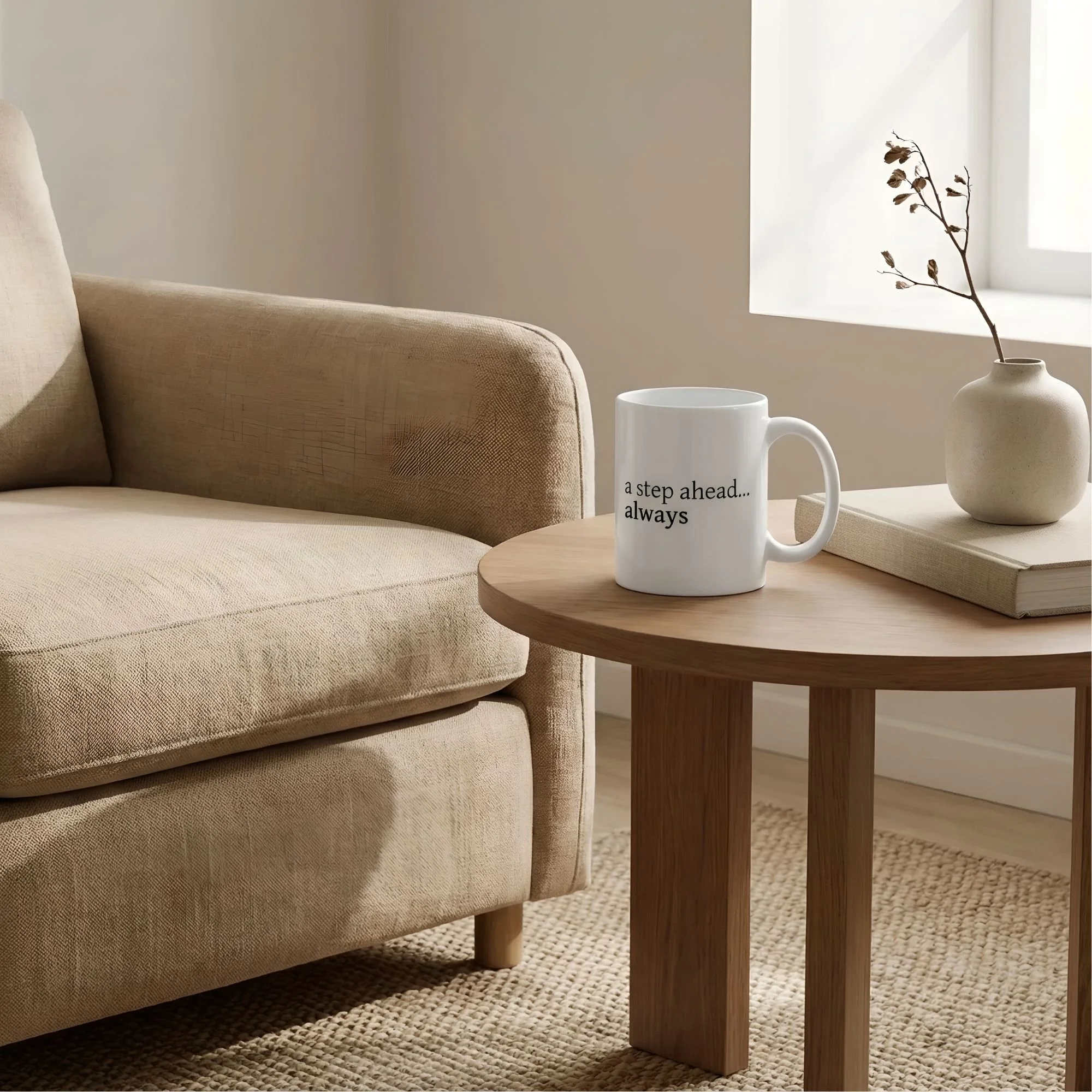 A step ahead always 11oz white ceramic - resting on a side table next to cozy armchair