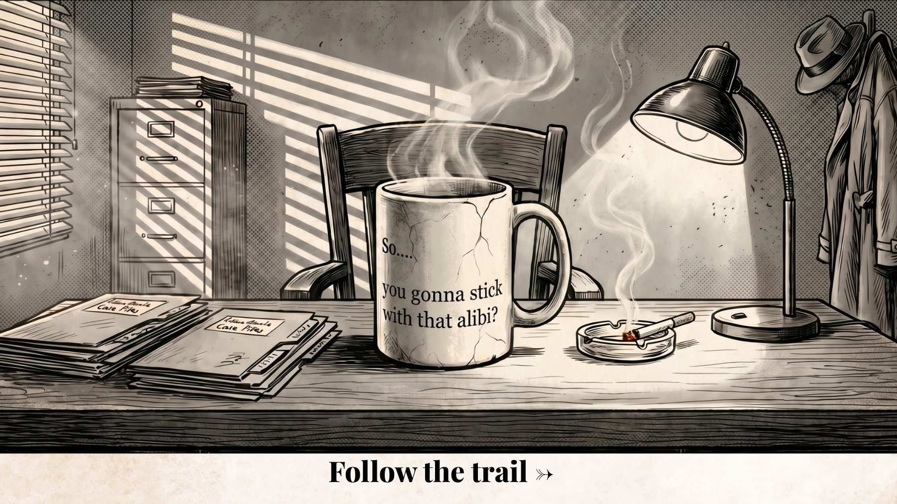 Noir detective illustration with a steaming “The Alibi” mug on an interrogation desk beneath the line “The truth will come out.”