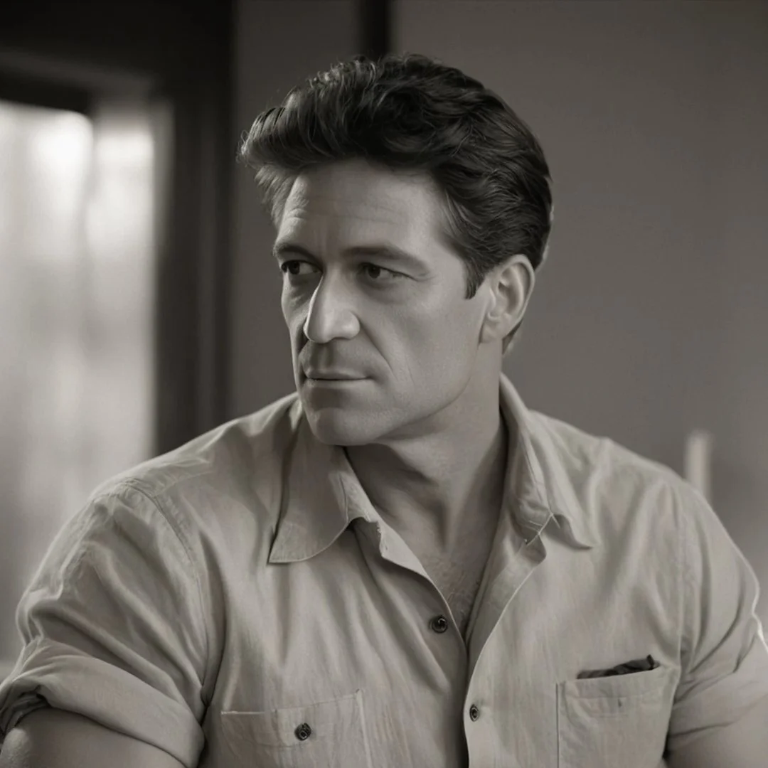 A weary saloon owner leaning at the bar, eyes heavy with thought and quiet authority in a dimly lit noir setting.