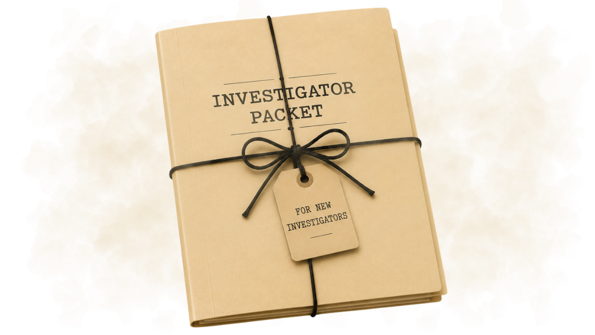 Illustration of a beige investigator packet tied with black string and a tag reading "For New Investigators" on a softly feathered cream background.