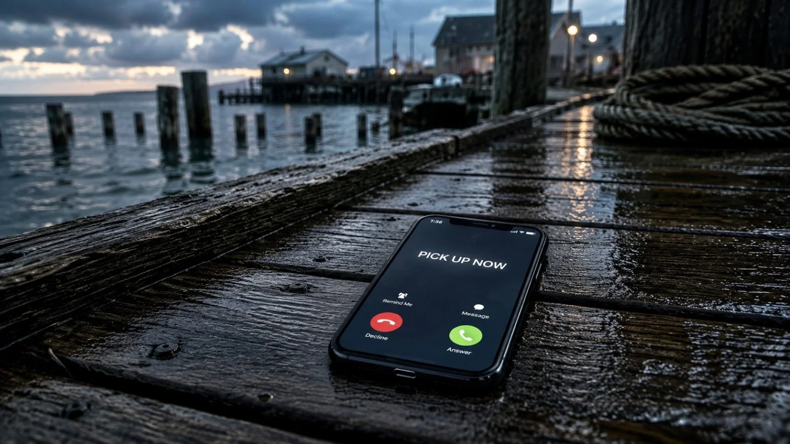 A ringing smartphone displaying “PICK UP NOW” lies on the wet boards of Dead Guy Pier at dusk.