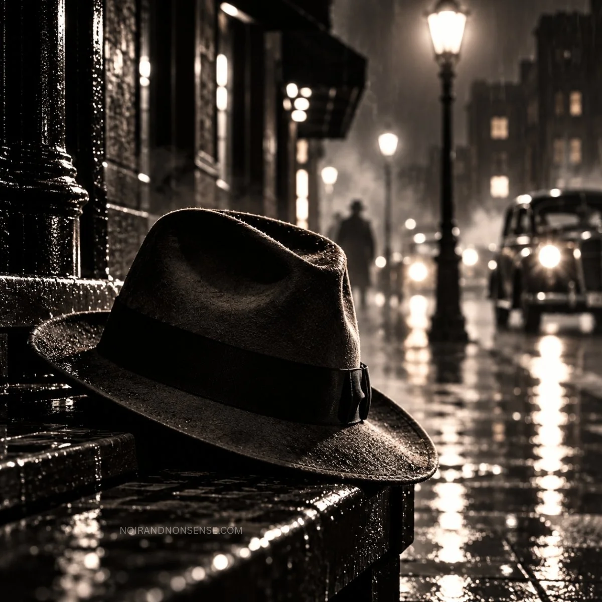 Rain-soaked fedora resting on stone steps beside a dark city street with glowing lamps and vintage cars.