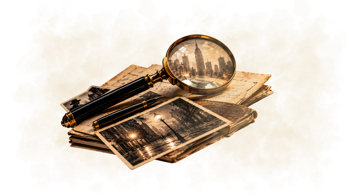 Vintage magnifying glass, fountain pen, aged papers, and noir city photographs arranged on an investigator’s desk.
