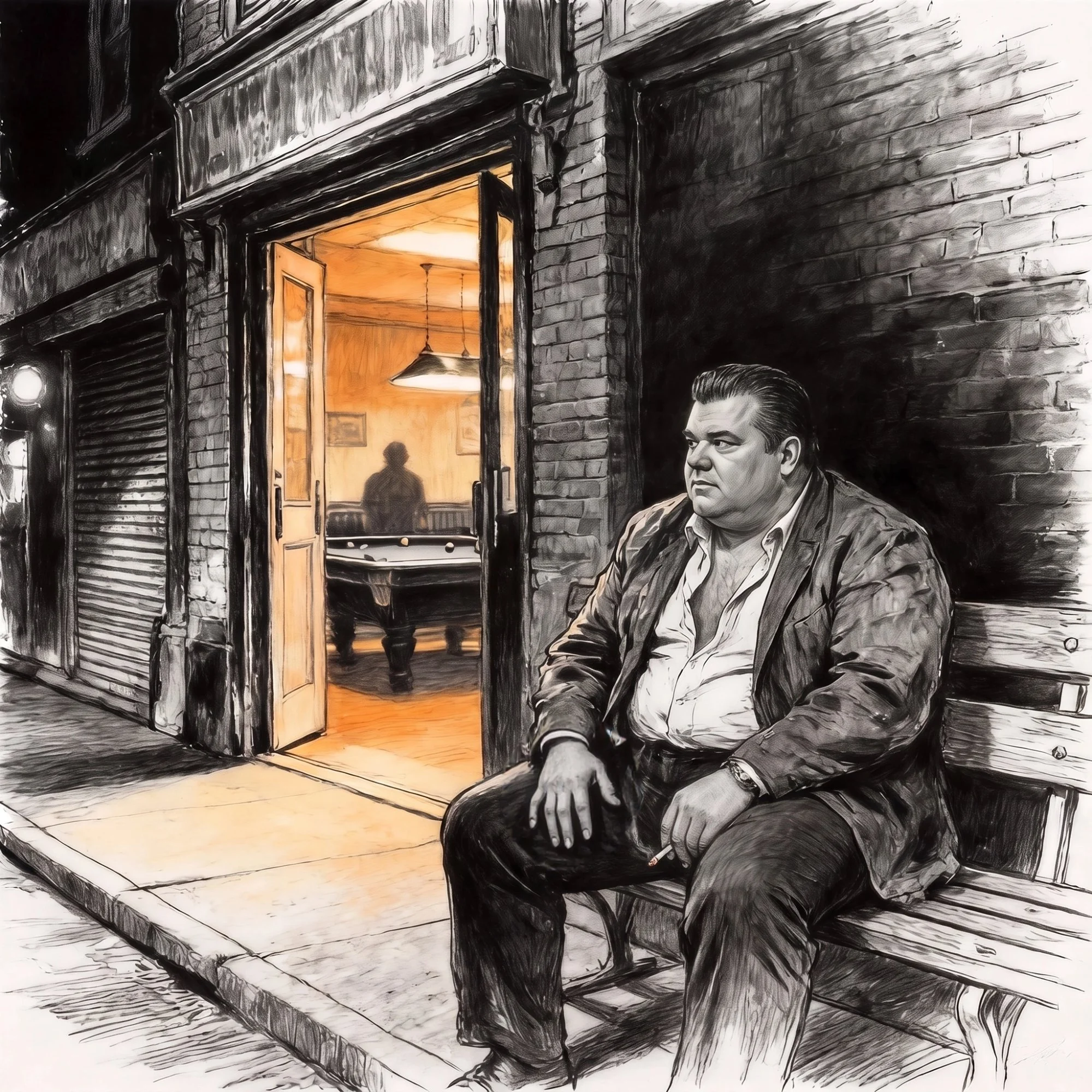Popeye sits on a bench outside a neighborhood pool hall, smoking a cigarette as he watches the street.