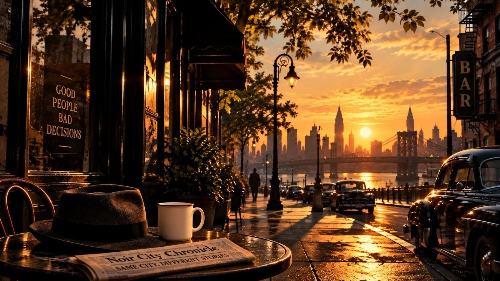 Warm summer evening in Noir City with a waterfront street, vintage cars, café table, and city skyline at sunset.