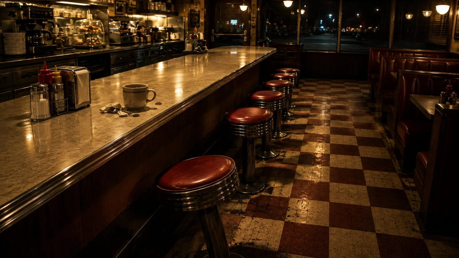 An almost-empty late-night diner with red counter stools and an unfinished cup of coffee at the counter.