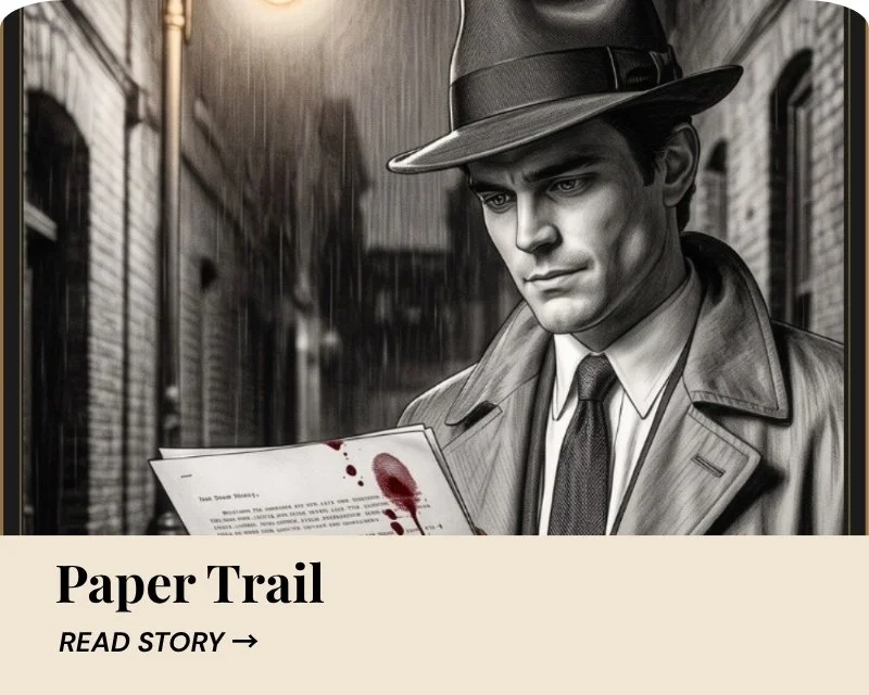 Max Moxie examines a bloodstained document in Paper Trail.