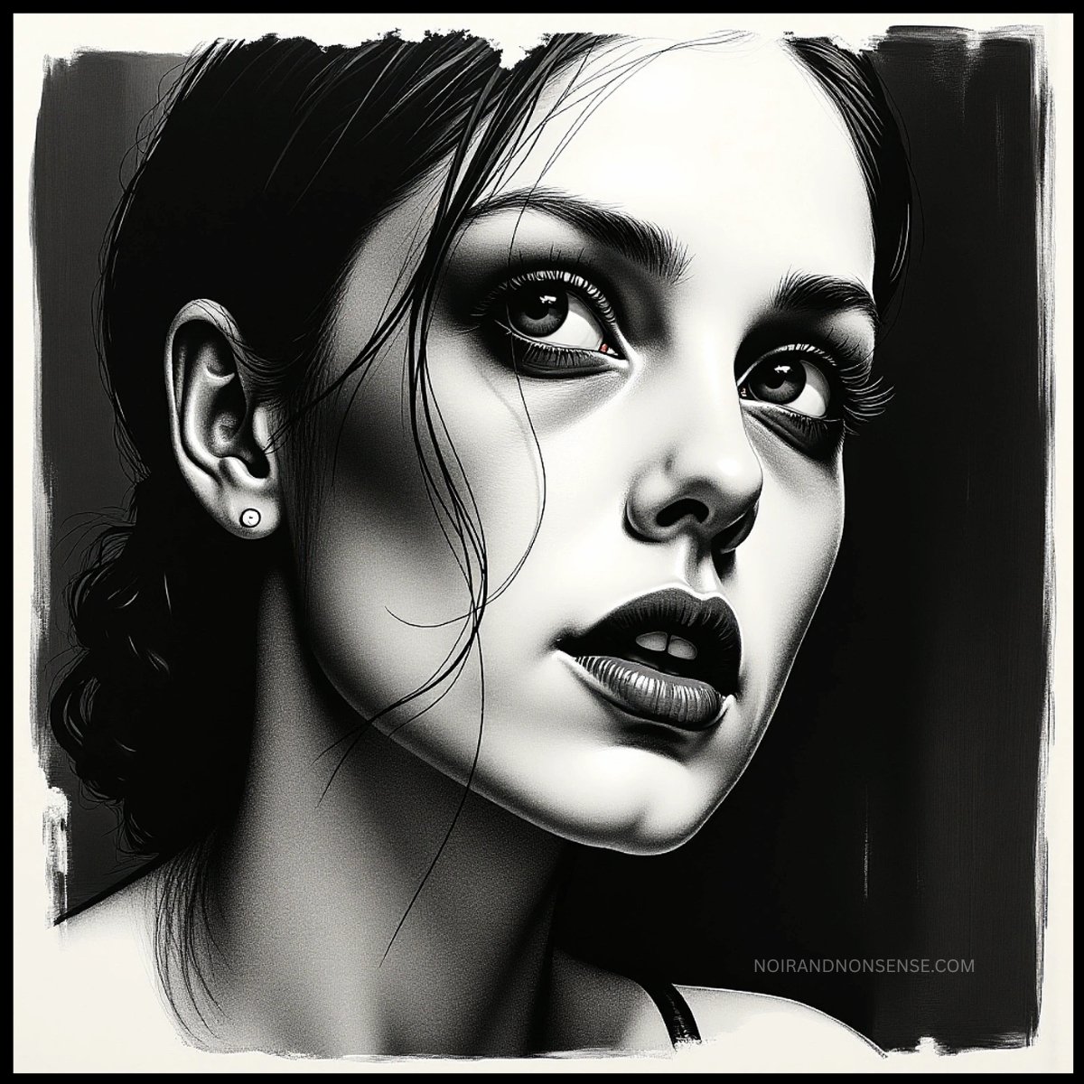 Black-and-white illustrated portrait of a young woman with dark hair looking upward.