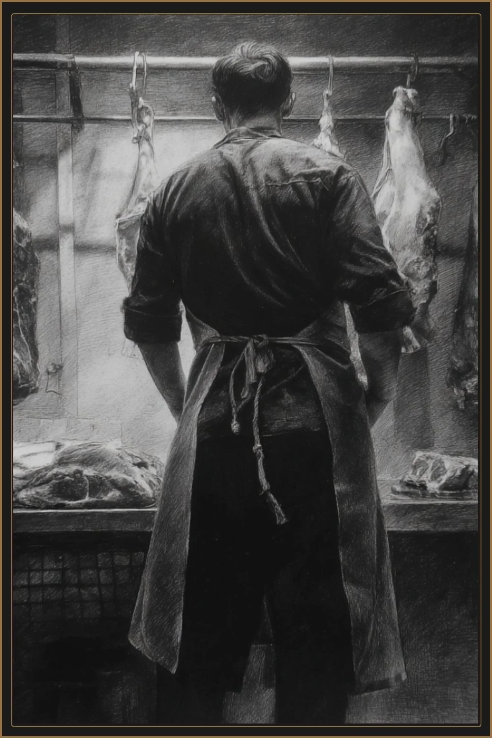 Man in a butcher shop wearing an apron, noir-style illustration suggesting unease and hidden violence.