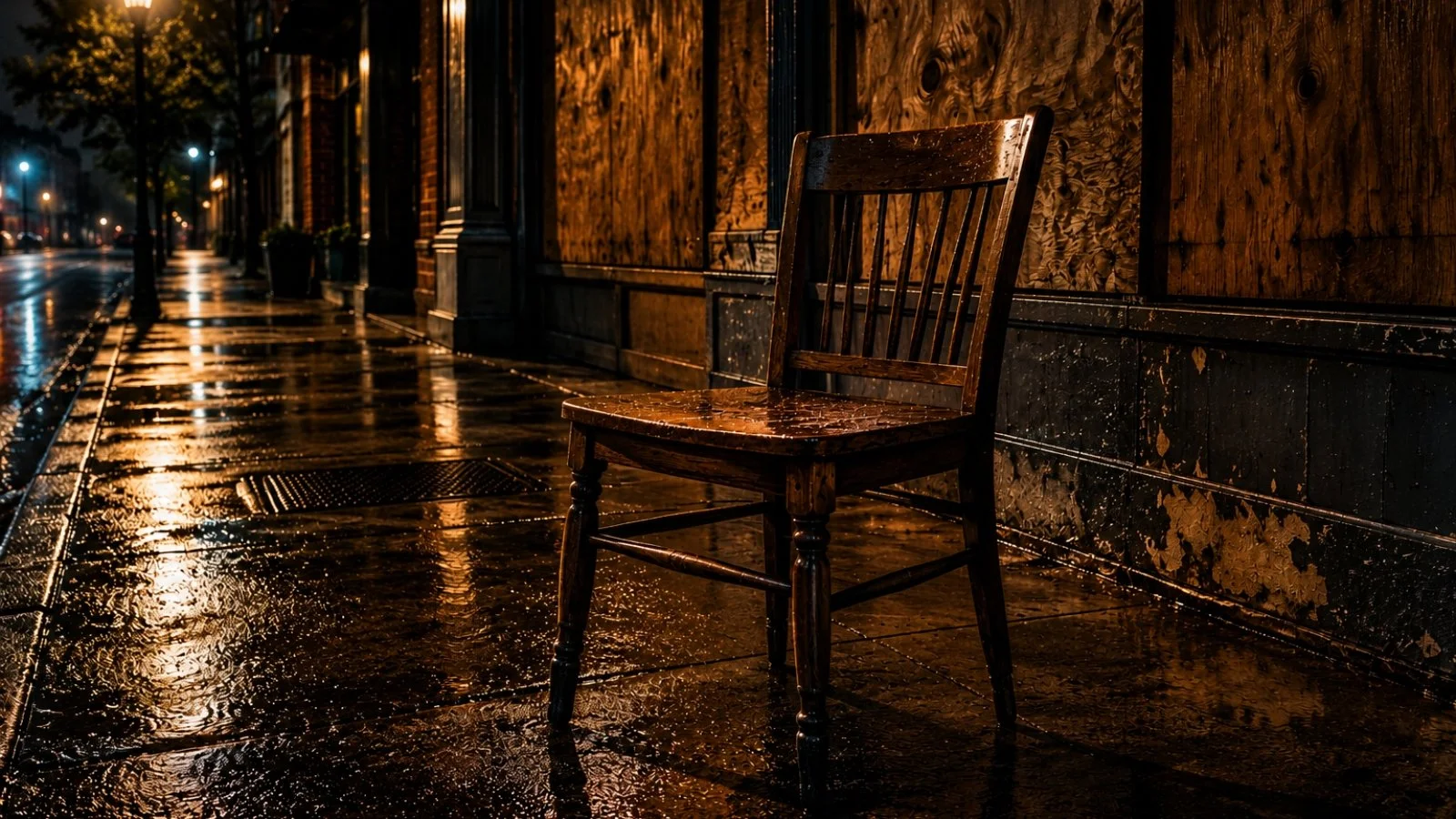 A lone wooden chair sits on a rain-soaked sidewalk outside a boarded-up building at night.