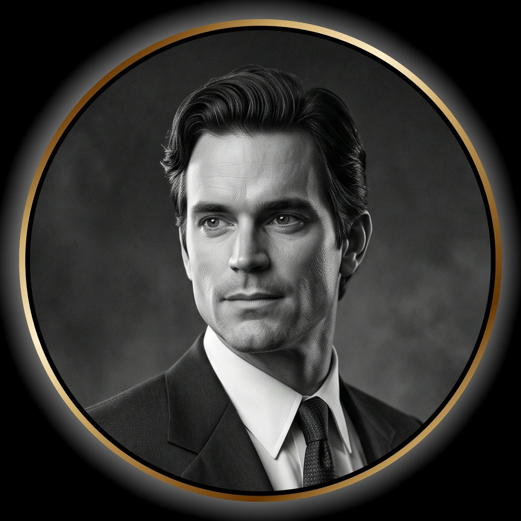 Black-and-white portrait of Max, a sharply dressed private investigator in Paper Trail.