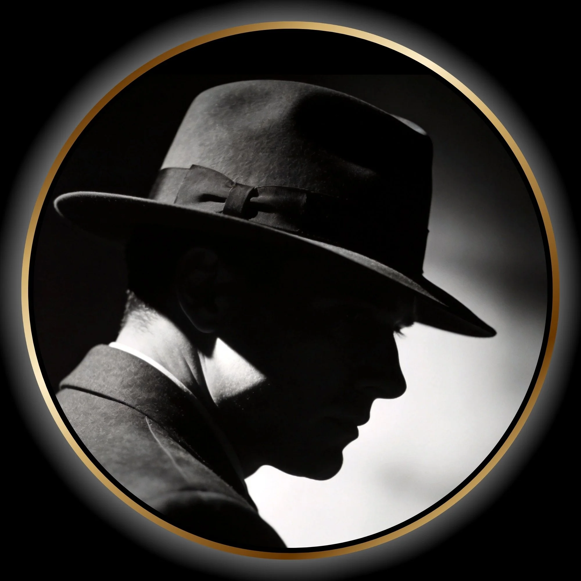 Black-and-white portrait of the unnamed detective from Another Night in Tinseltown wearing a fedora in profile.