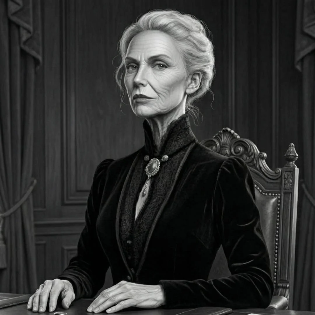 Agatha sitting at her desk from the Butcher of Wellesley