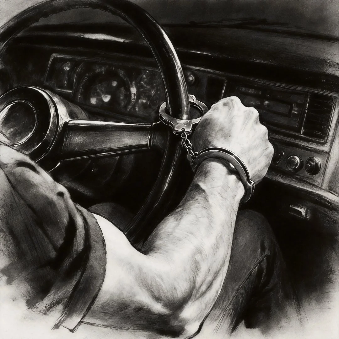 Close-up of a man’s wrist handcuffed to a steering wheel inside a car in a noir scene