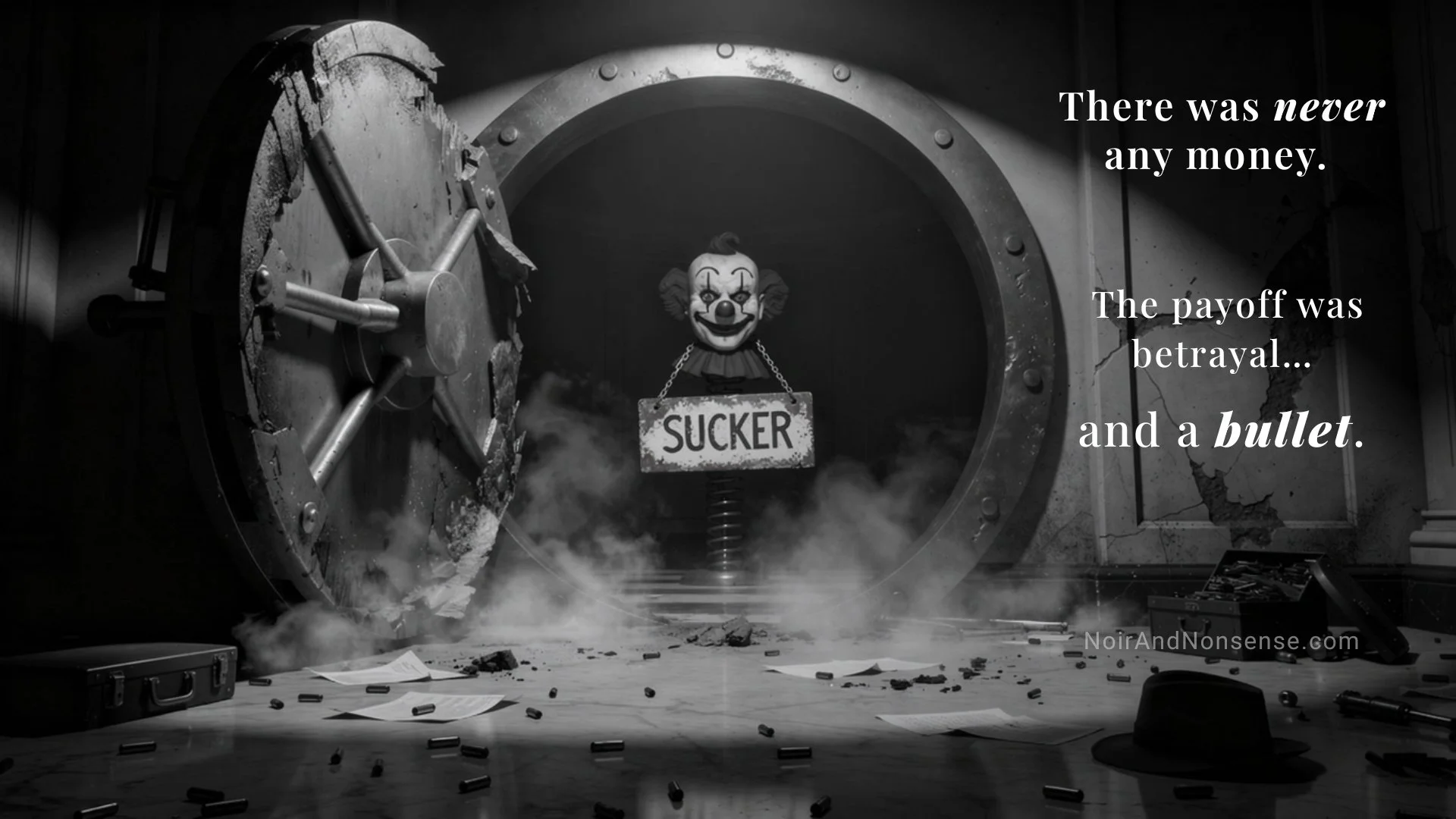 A destroyed bank vault stands open in a smoky noir scene while a sinister clown head on a spring hangs inside the vault holding a sign that reads “SUCKER.”